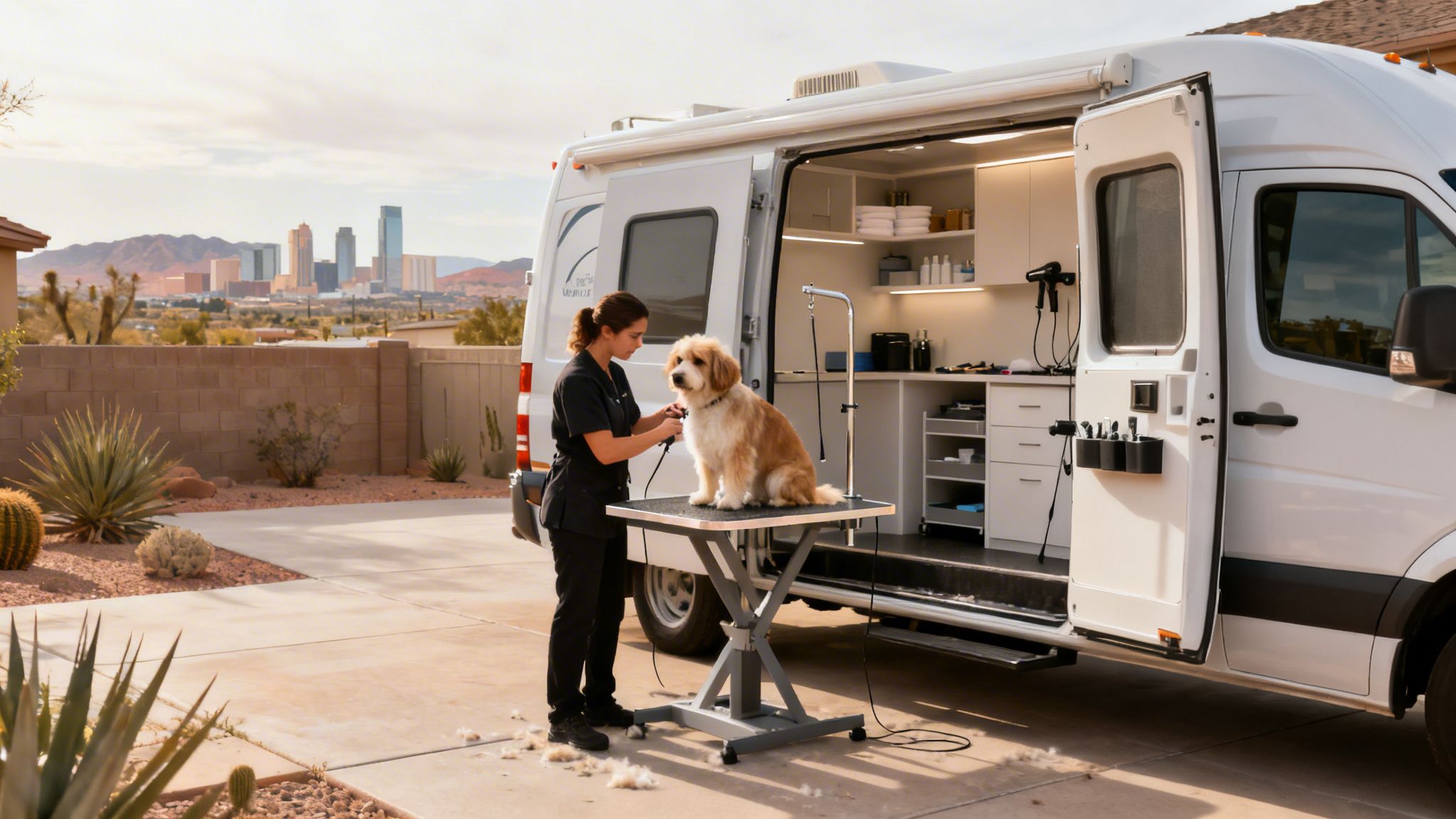 A professional groomer trims a fluffy dog on a mobile grooming table outside a specialized van.