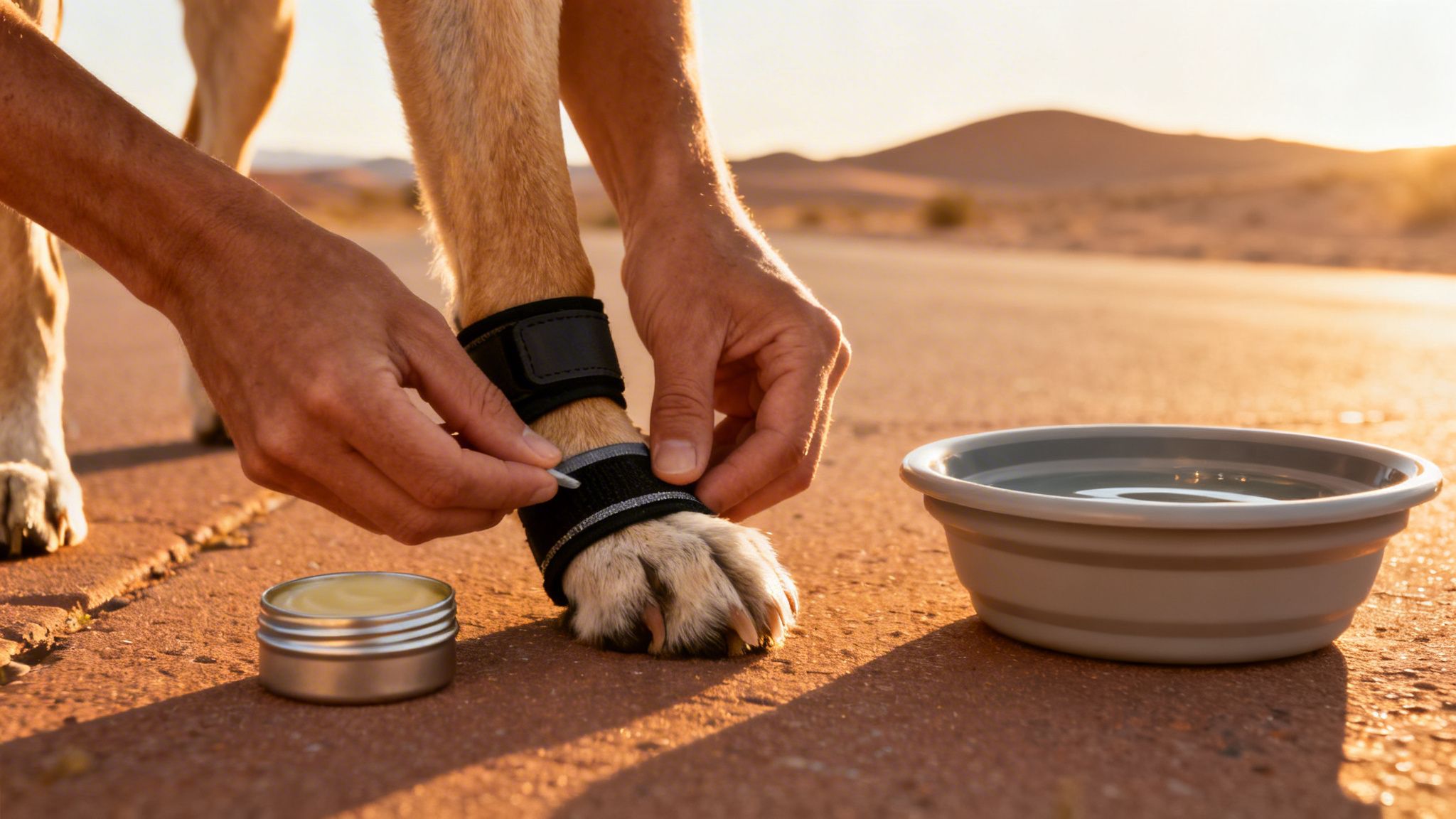 Close-up of a person putting a protective boot on a dog's paw, with balm and water nearby.