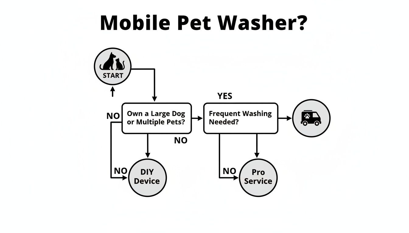 Flowchart decision tree about needing a mobile pet washer, based on pet size and washing frequency.