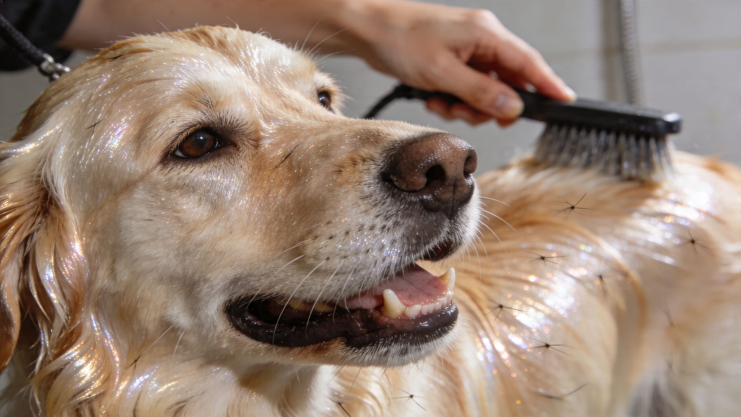 A happy Golden Retriever dog being groomed with a brush while getting a bath at home.