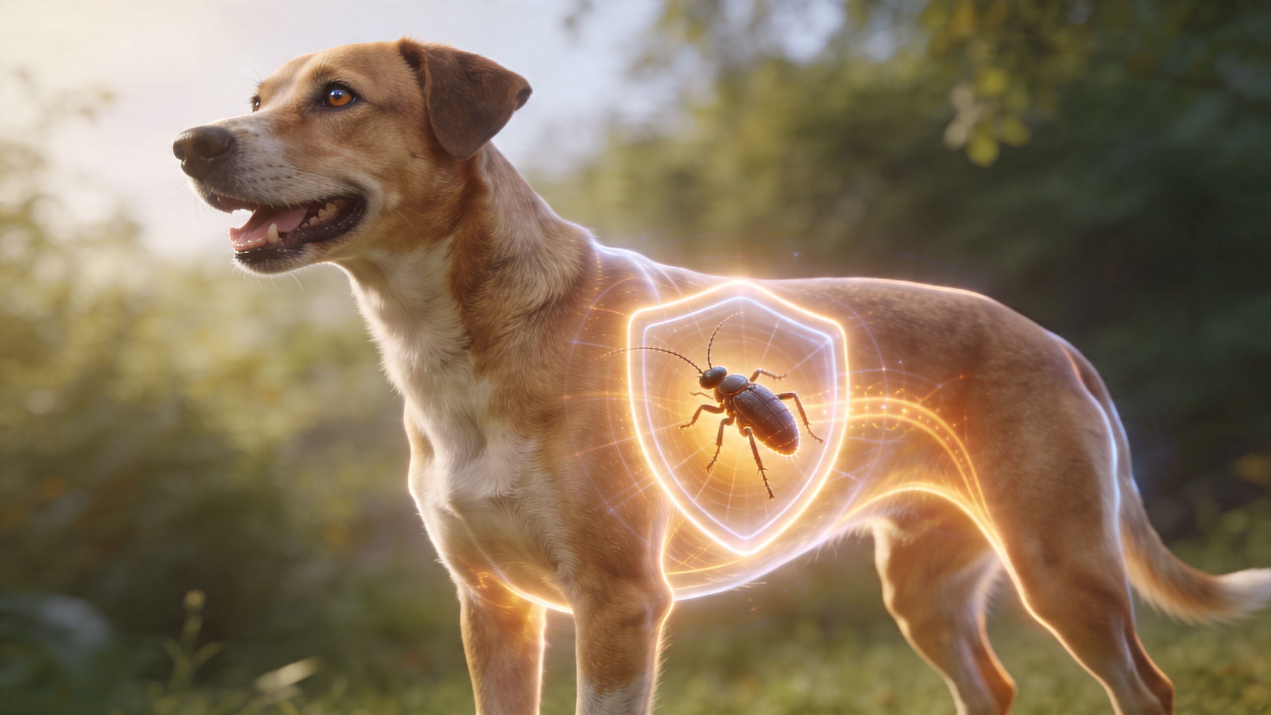 A happy dog with a glowing digital shield protecting its body from a tick parasite.