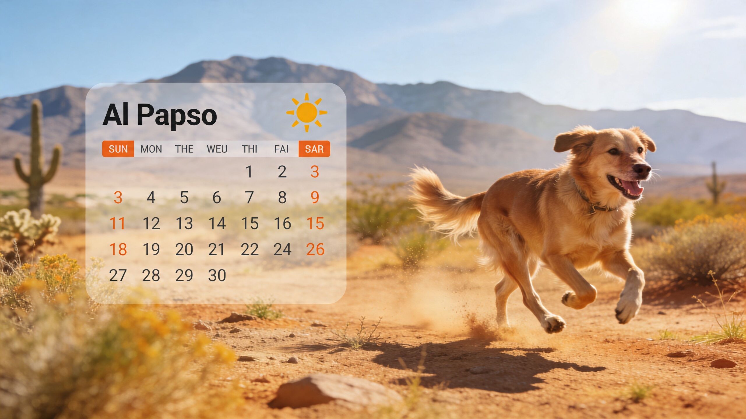 A happy golden retriever running through a sunny desert landscape depicted on a monthly calendar.
