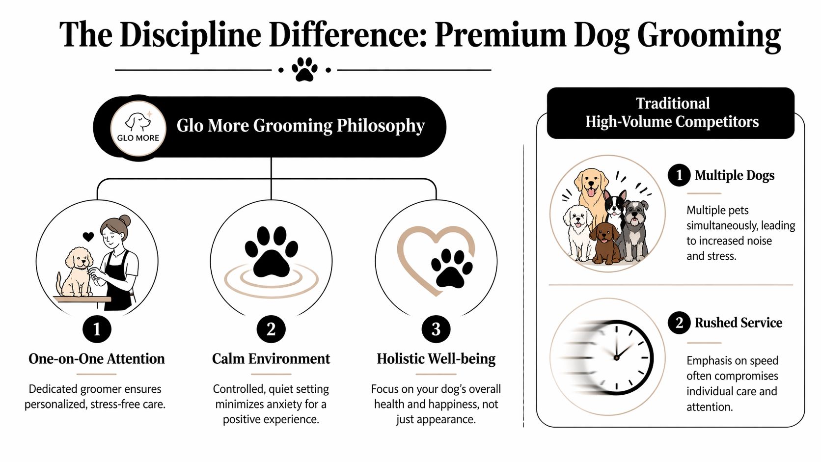 A comparison infographic between Glo More premium grooming and traditional high-volume dog grooming services.