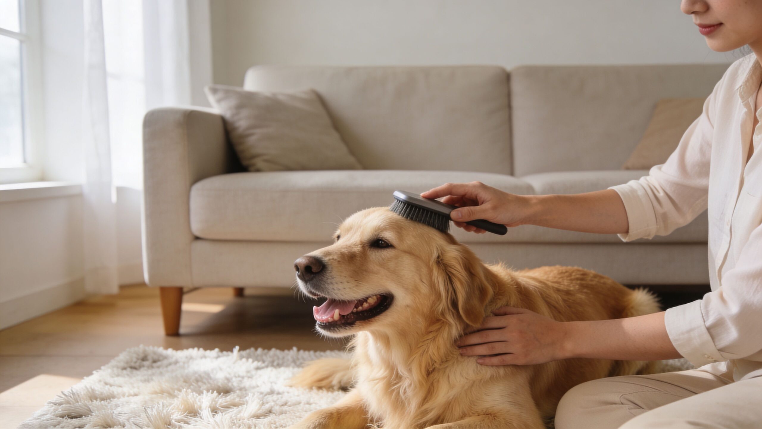 A smiling woman brushes the fur of a golden retriever dog resting on a rug at home.