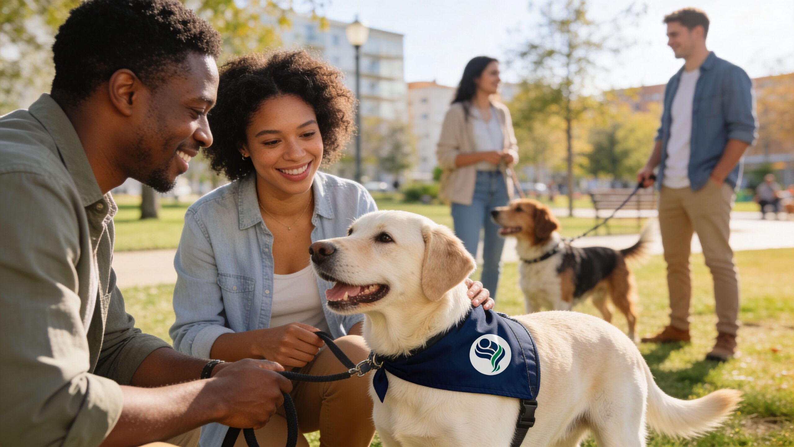 A happy couple petting a friendly yellow lab wearing a blue bandana in a park setting.