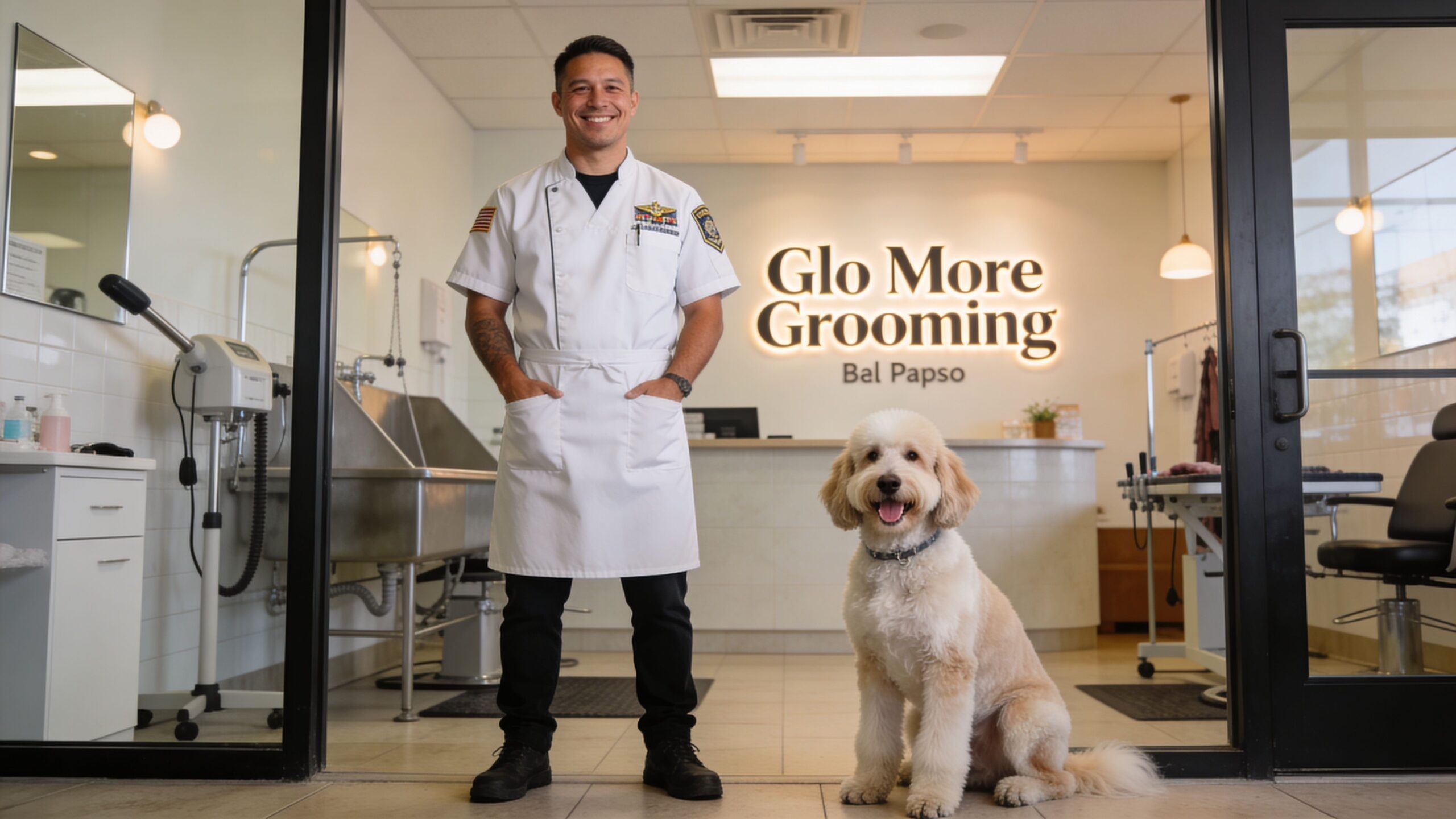 A friendly male professional dog groomer stands with his golden doodle in a modern grooming salon.