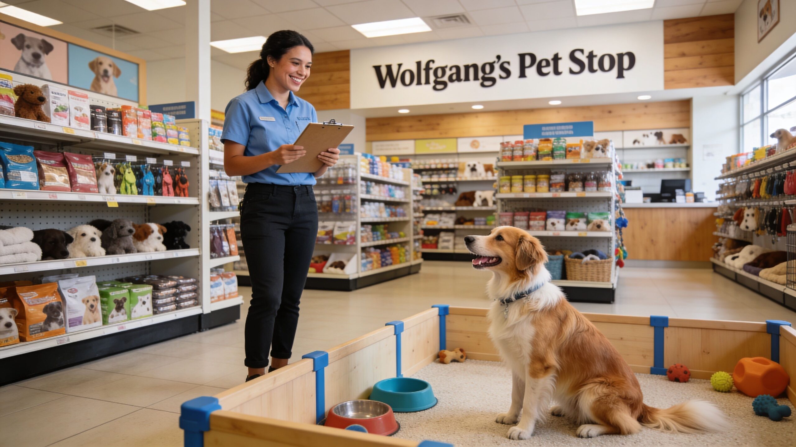 A friendly store employee smiles at a dog sitting inside a small playpen at Wolfgang's Pet Stop.