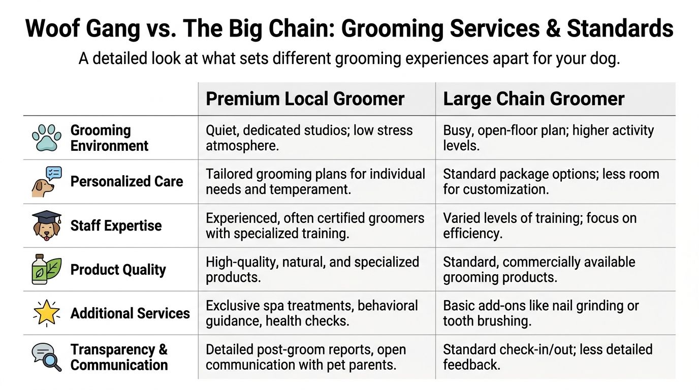 A comparison chart showing the differences between premium local grooming studios and large chain grooming facilities.
