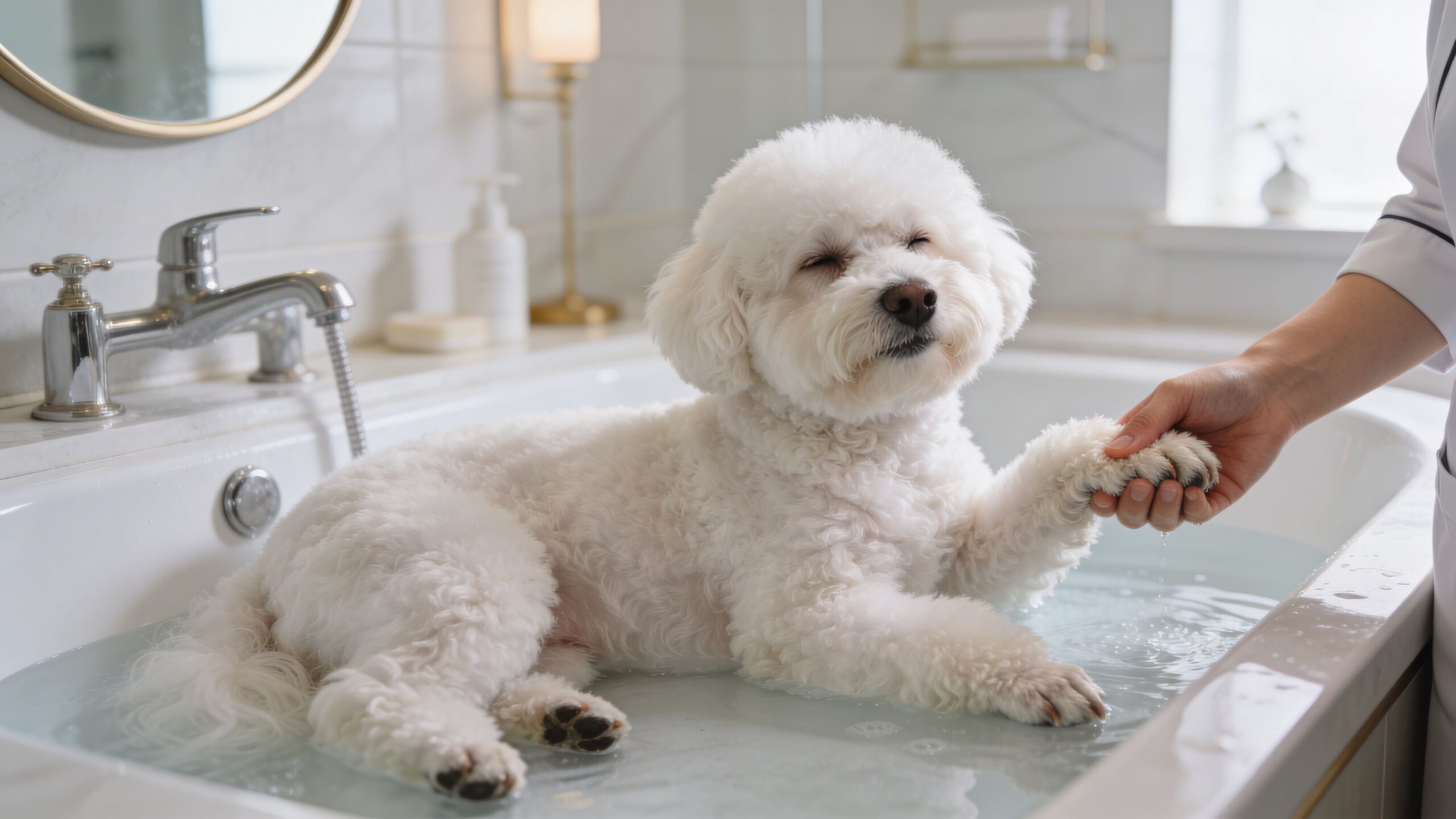A gentle groomer holds the paw of a fluffy white dog while it enjoys a relaxing bath.