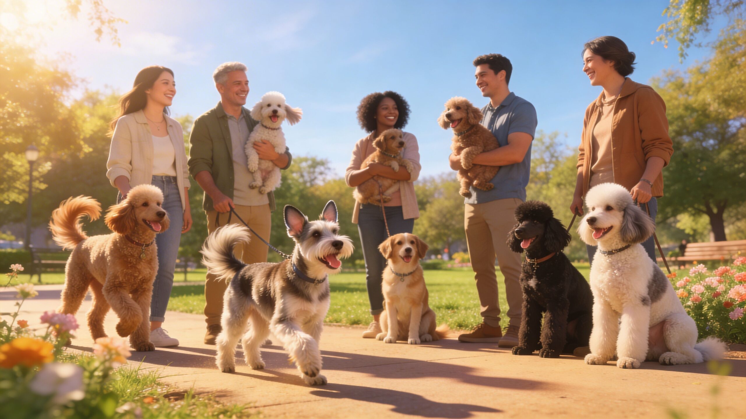 A diverse group of happy dog owners walking their well-behaved dogs together on a sunny park pathway.