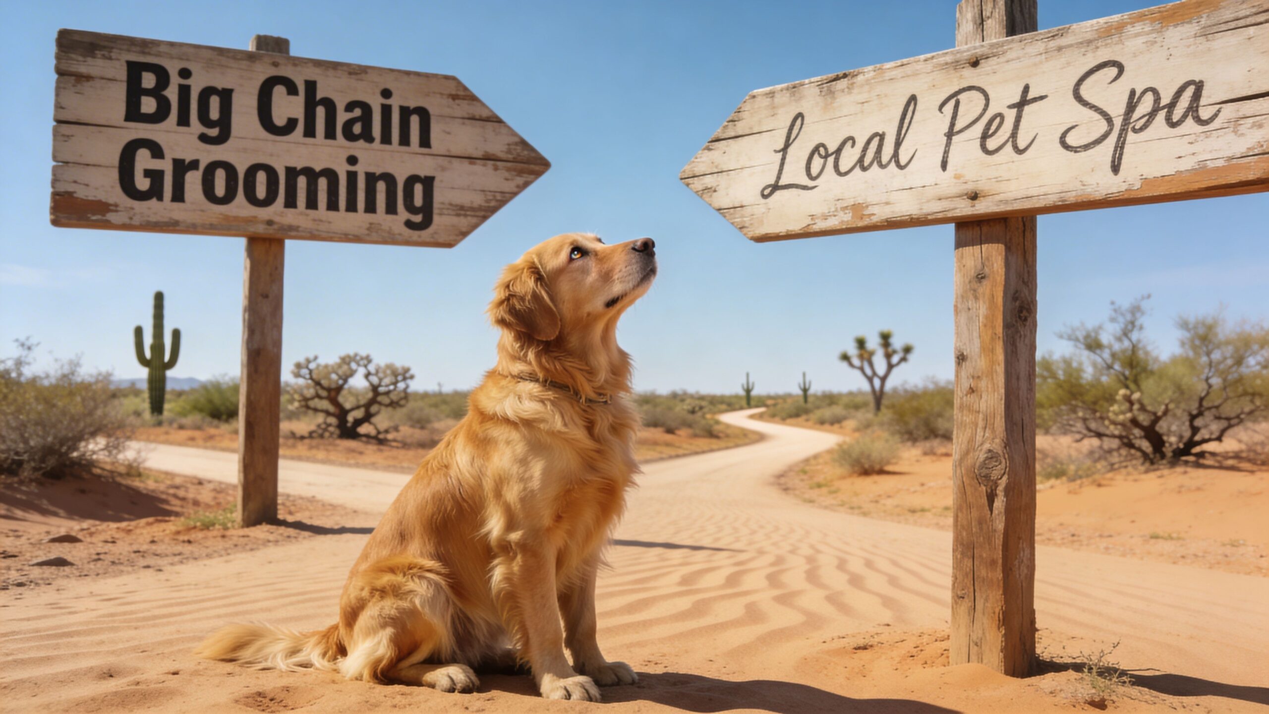A golden retriever sitting at a desert crossroads choosing between Big Chain Grooming and Local Pet Spa.