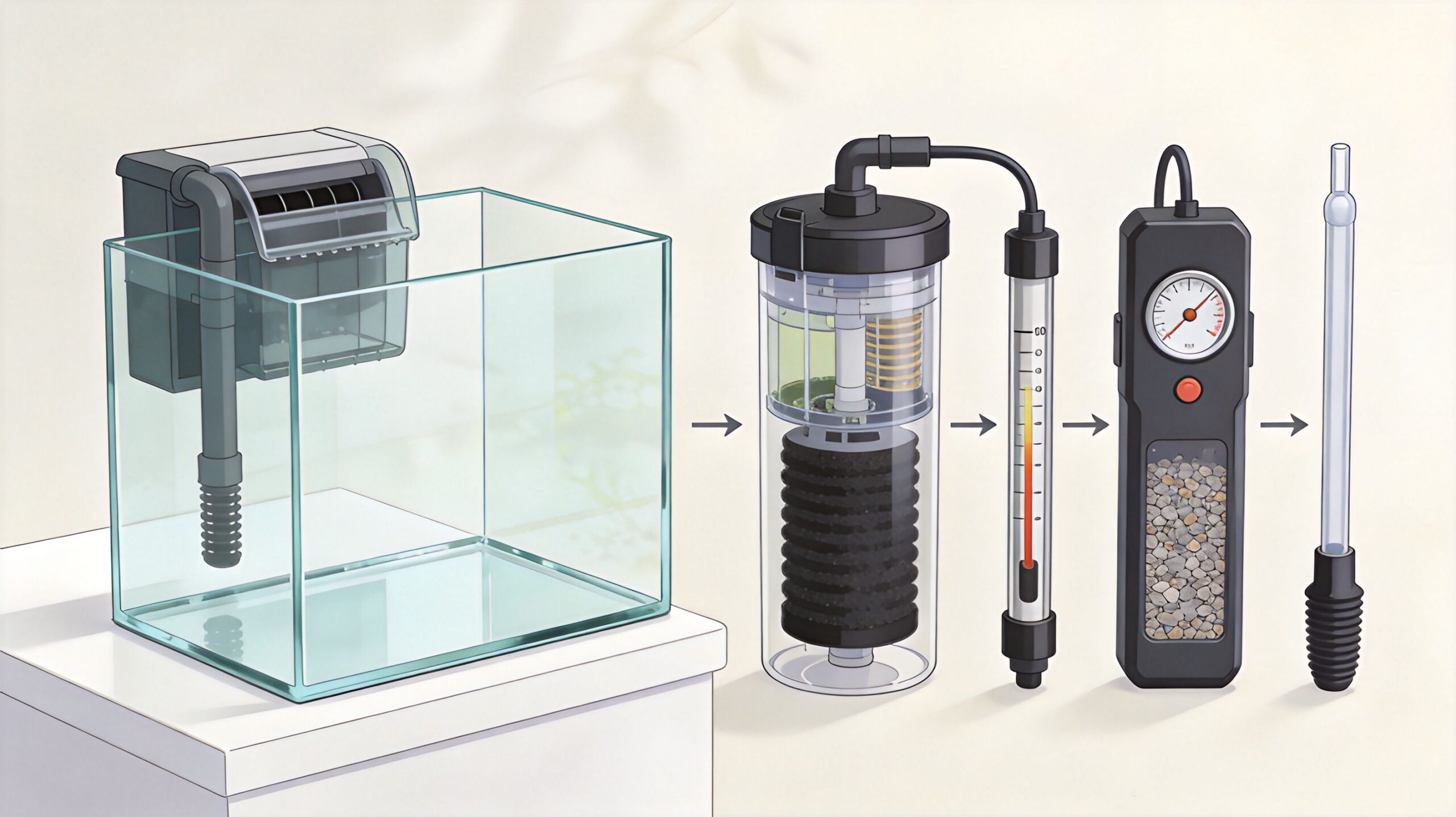 An illustration showing a 10 gallon fish tank setup with a filter, heater, gauge, and maintenance tool.