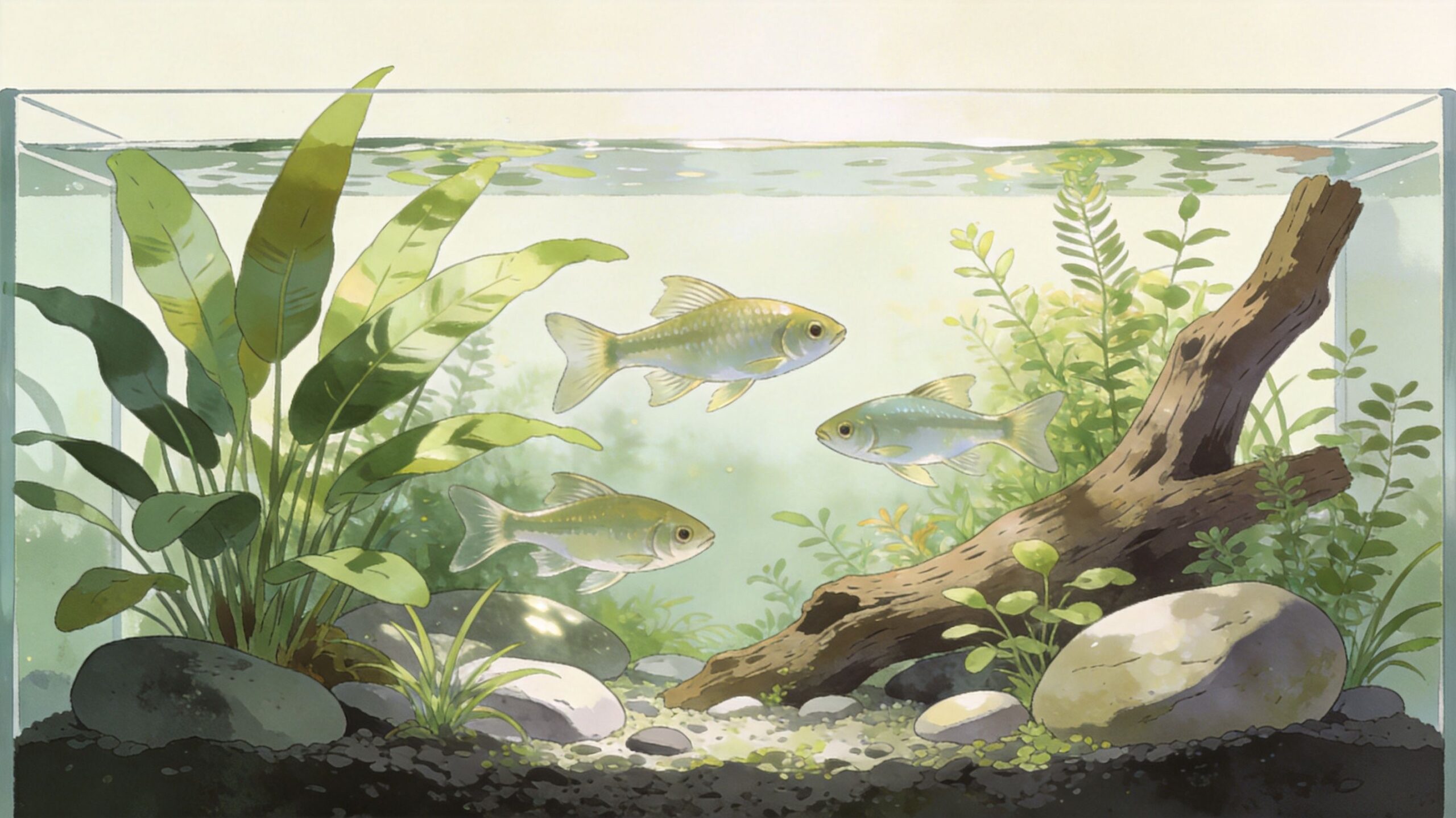 A peaceful freshwater aquarium with three silver fish, green aquatic plants, and a piece of driftwood.