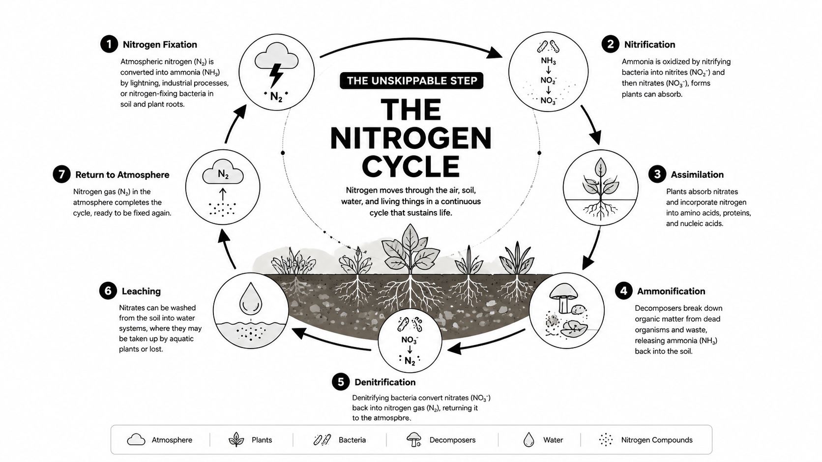 A diagram illustrating the biological and chemical processes involved in the continuous global nitrogen cycle.