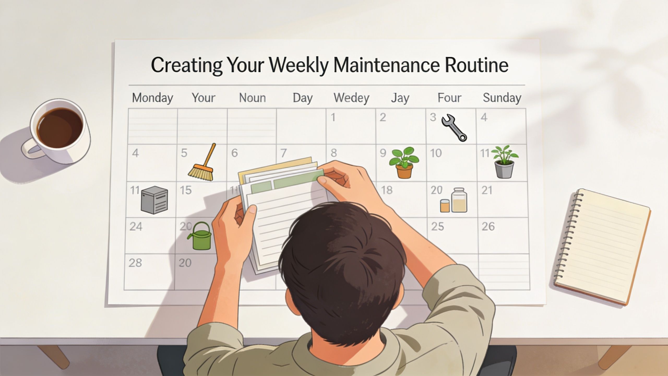 A person planning a weekly maintenance routine on a calendar at a desk with a coffee.