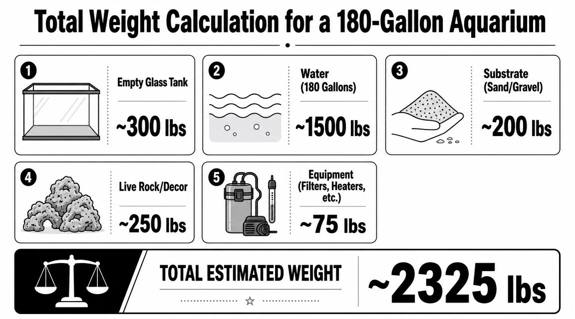 An infographic detailing the total estimated weight of a 180-gallon aquarium including tank, water, substrate, decor, and equipment.