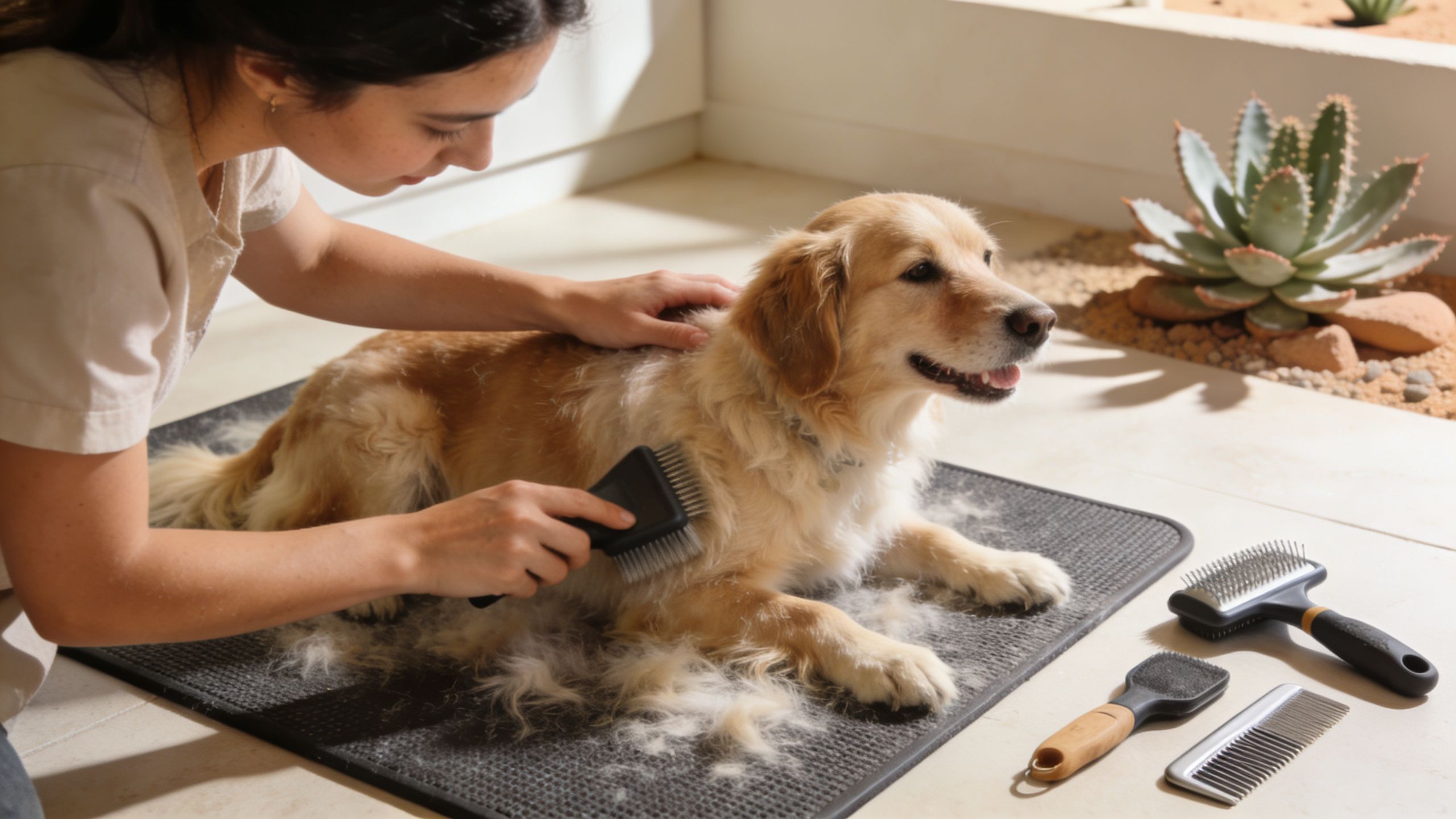 A woman gently brushes the fur of a golden retriever dog on a grooming mat indoors.