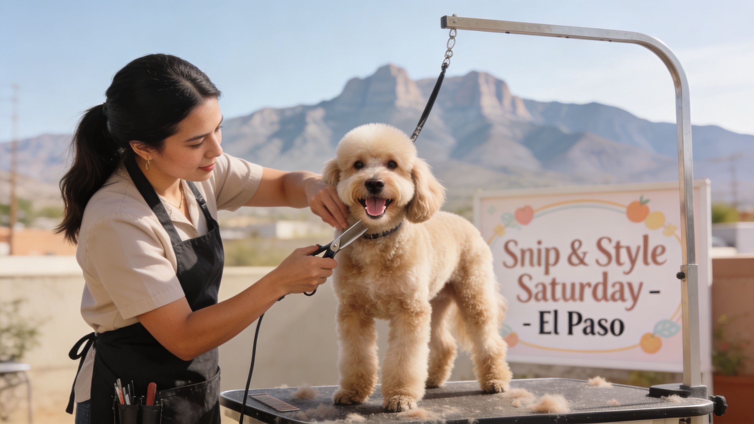 A professional groomer carefully trims the fur of a fluffy golden poodle outdoors in El Paso.