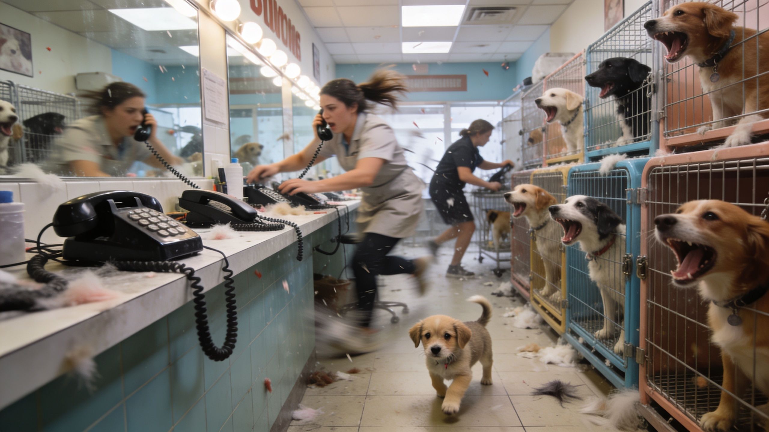 A busy dog grooming salon scene with a worker rushing while dogs bark from their colorful cages.