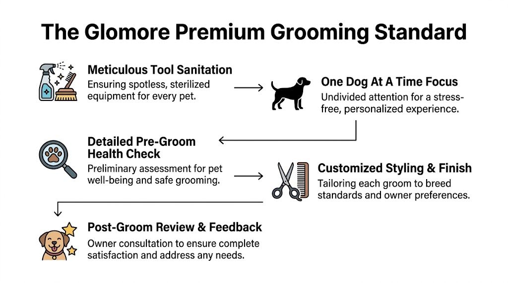 A visual guide outlining the five steps of the Glomore Premium Grooming Standard for pet care.