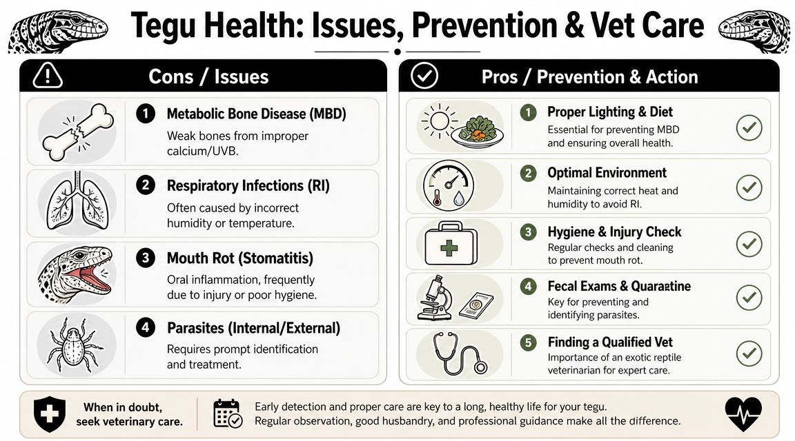 An educational infographic outlining common health issues, prevention tips, and veterinary care for tegu lizards.