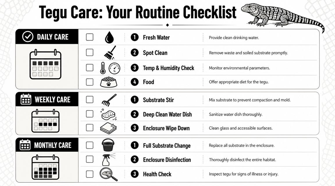 A structured checklist for Argentine black and white tegu care covering daily, weekly, and monthly maintenance tasks.