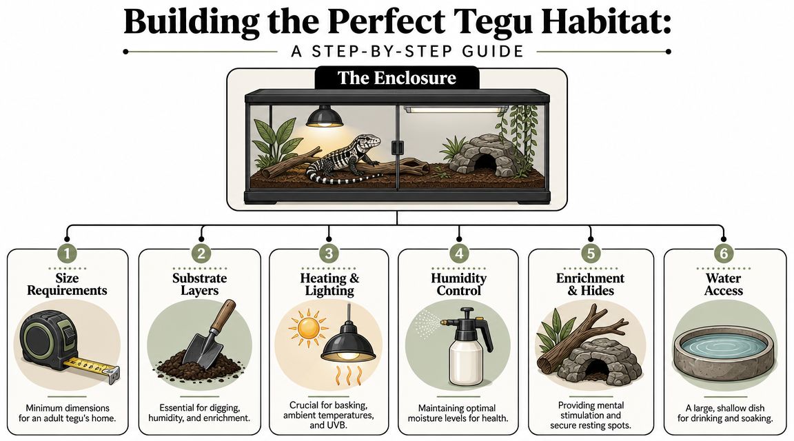 An infographic titled Building the Perfect Tegu Habitat showing six essential steps for reptile enclosure maintenance.