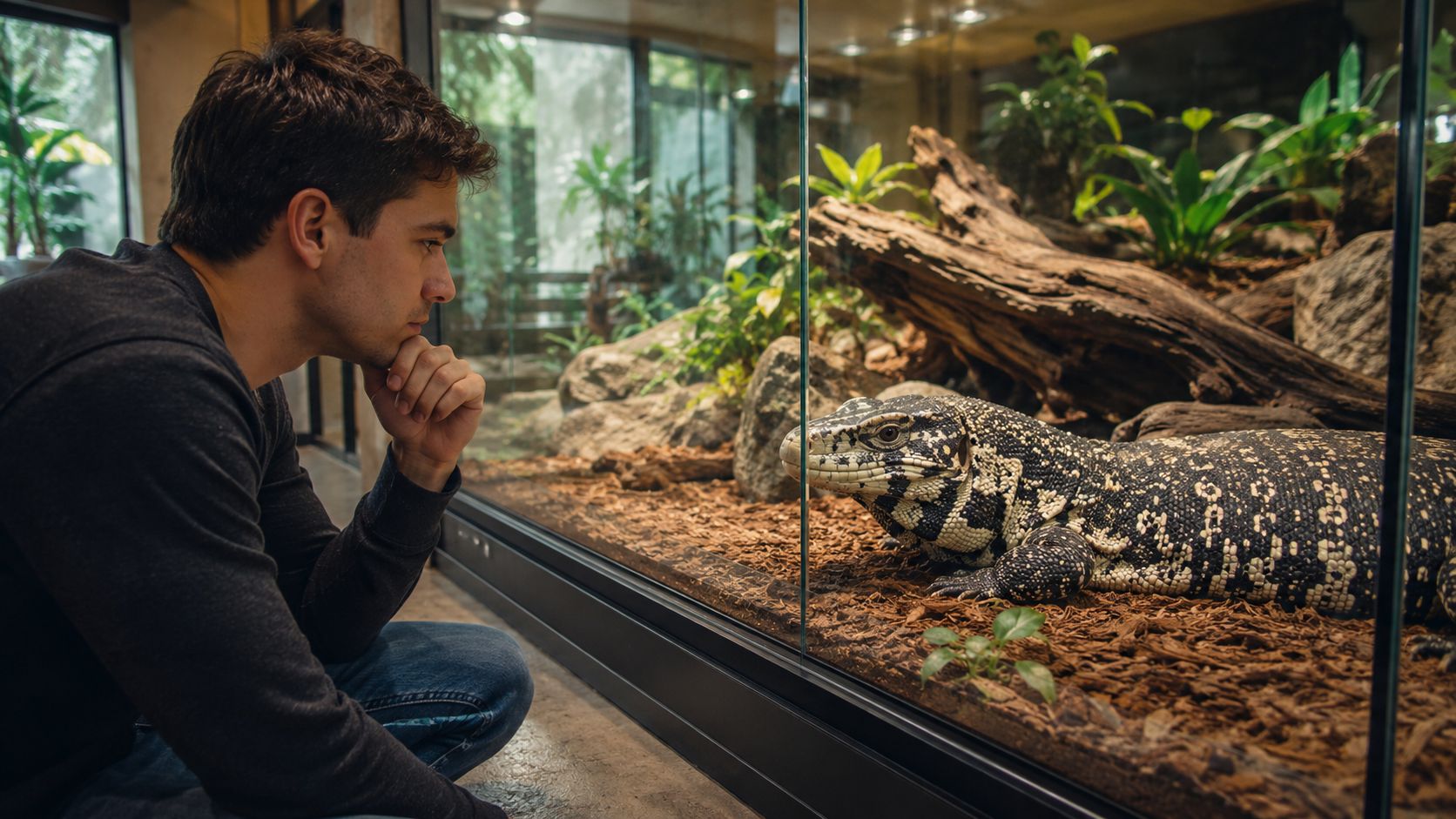 A young man looking curiously at a large Argentine black and white tegu inside a glass enclosure.