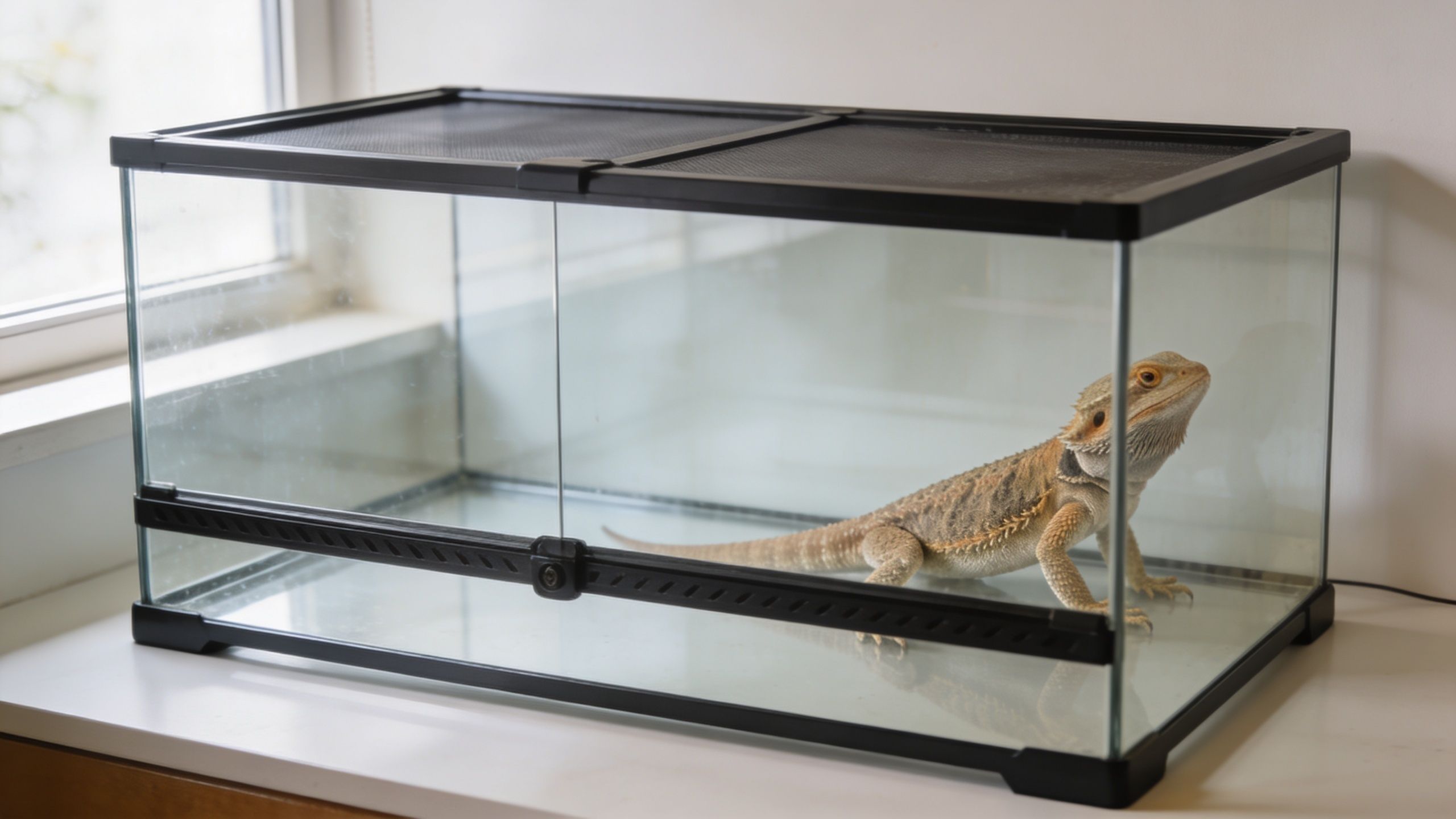 A bearded dragon standing inside a clear glass terrarium tank placed on a white surface.
