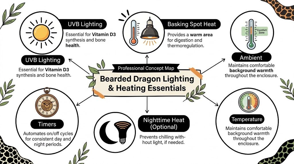 A professional concept map illustration outlining the essential lighting and heating requirements for a bearded dragon habitat.