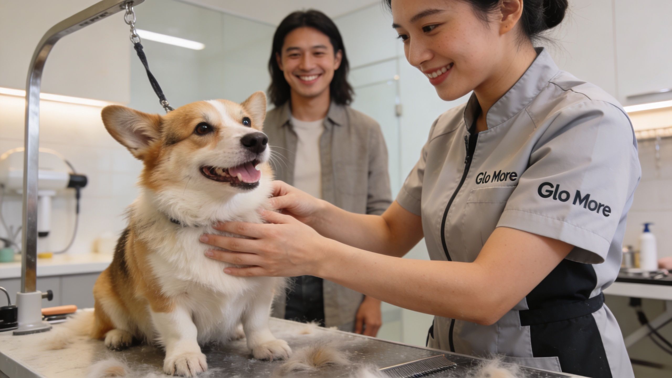 A professional groomer in a grey uniform gently grooming a happy corgi on a table in a salon.