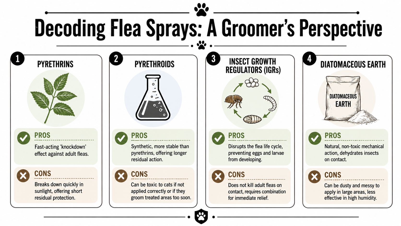 An infographic titled Decoding Flea Sprays explaining the pros and cons of four different flea control substances.