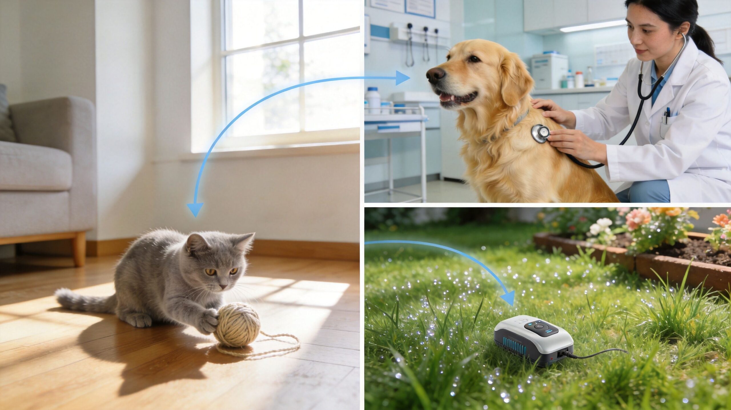 A composite image showing a cat playing, a vet examining a dog, and a pest control device.