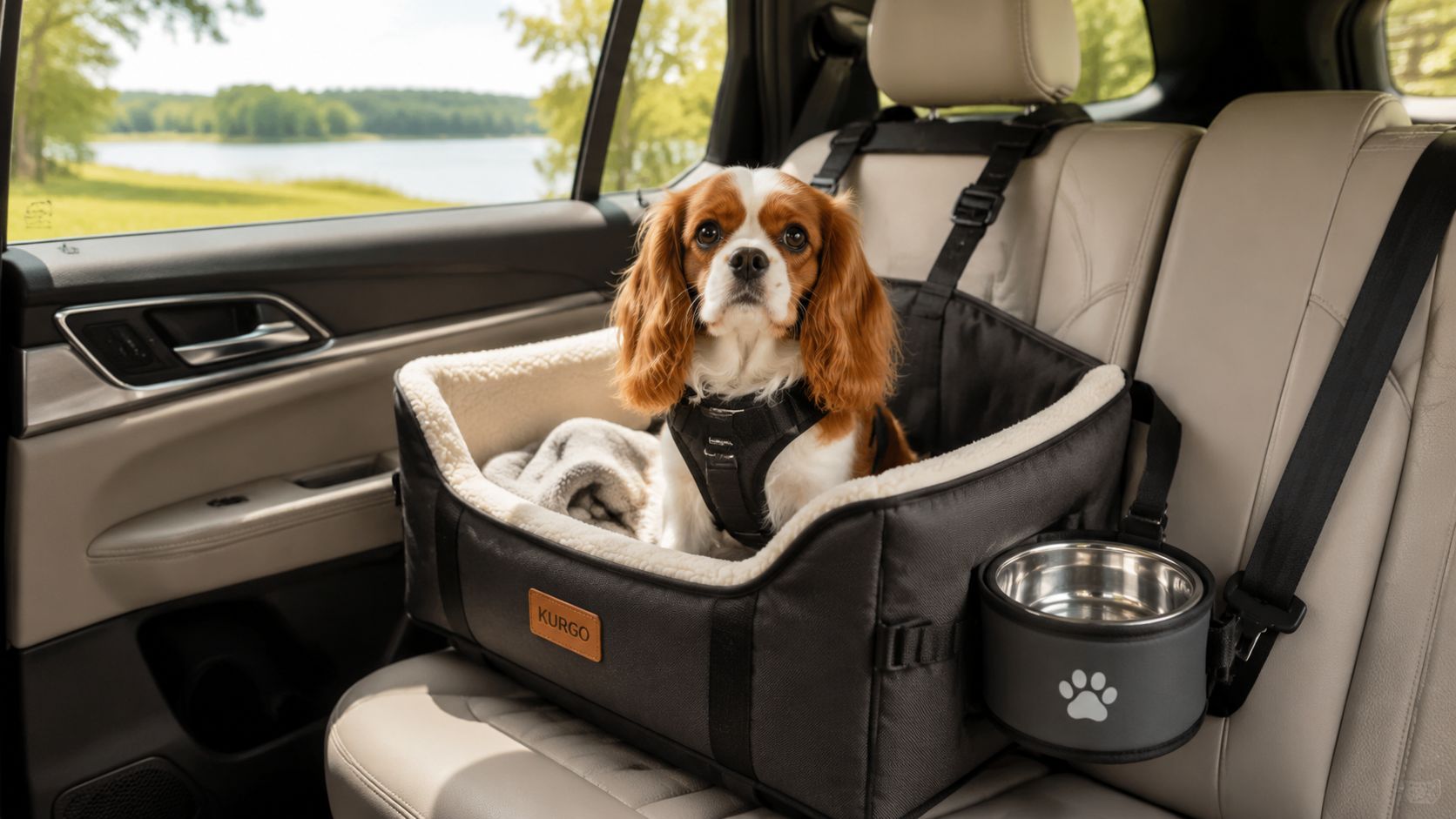A Cavalier King Charles Spaniel sits comfortably in a Kurgo dog car seat on a vehicle seat.