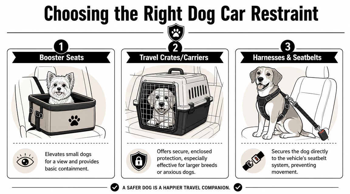 An infographic showing three different safe car restraint options for dogs including booster seats, crates, and harnesses.