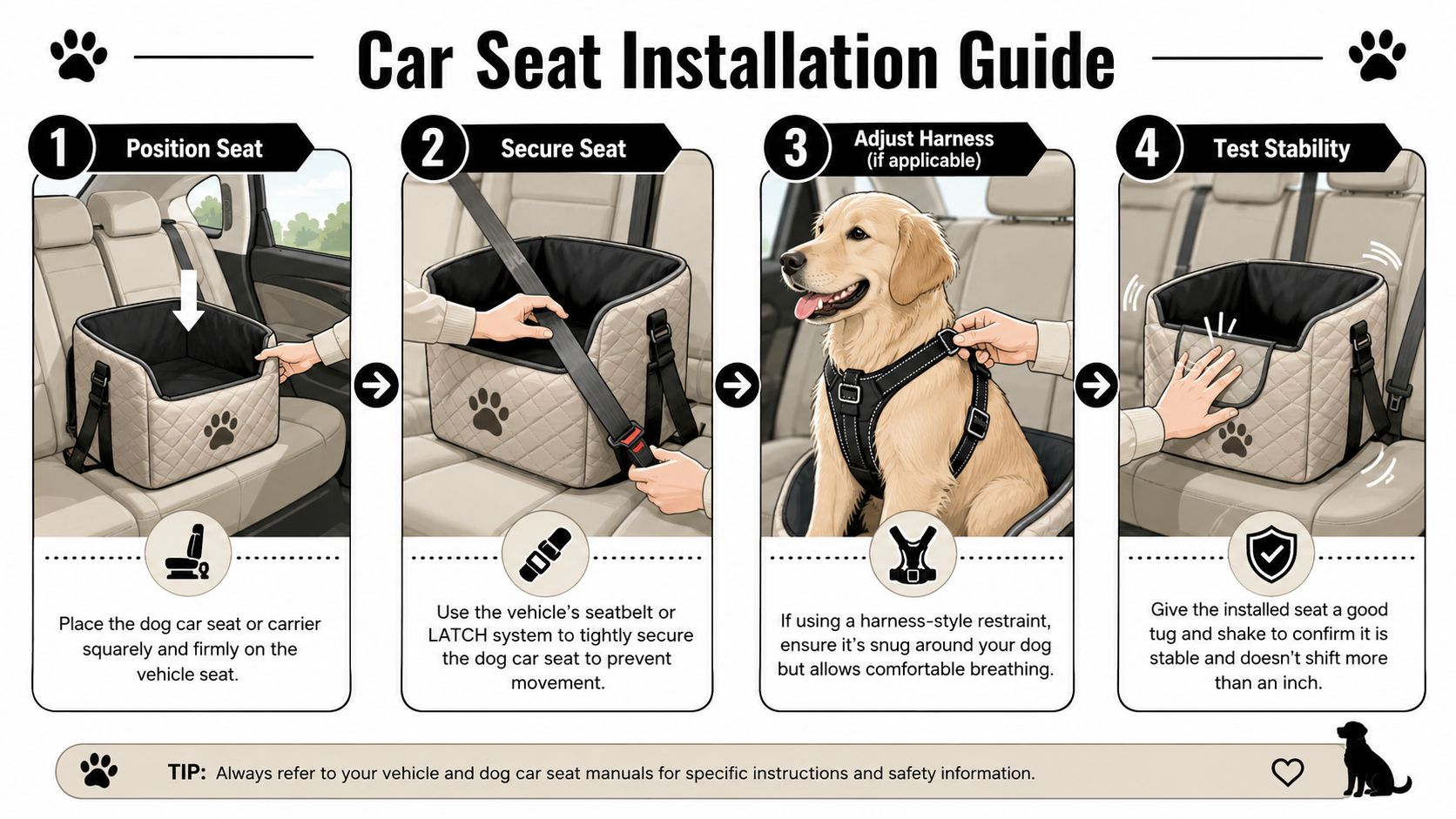 A four-step illustrated guide showing how to properly install a quilted dog car seat in a vehicle.