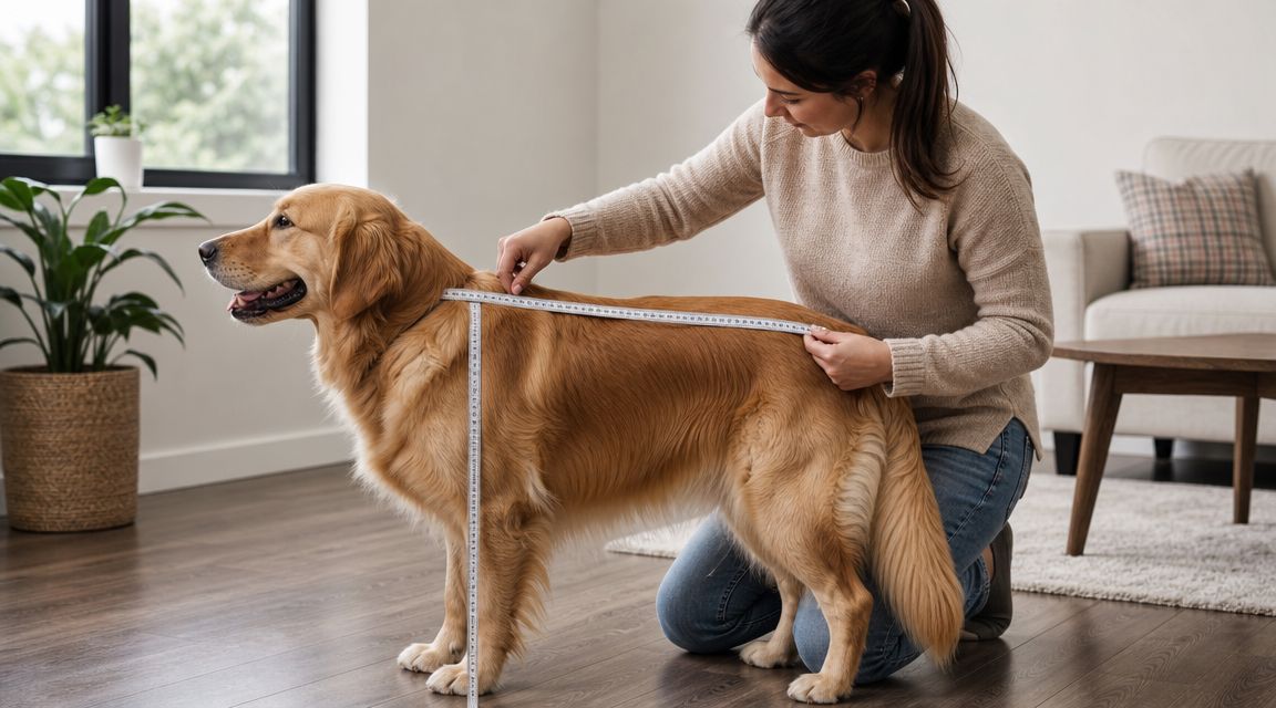 A woman measuring a golden retriever dog with a tape measure inside a bright living room