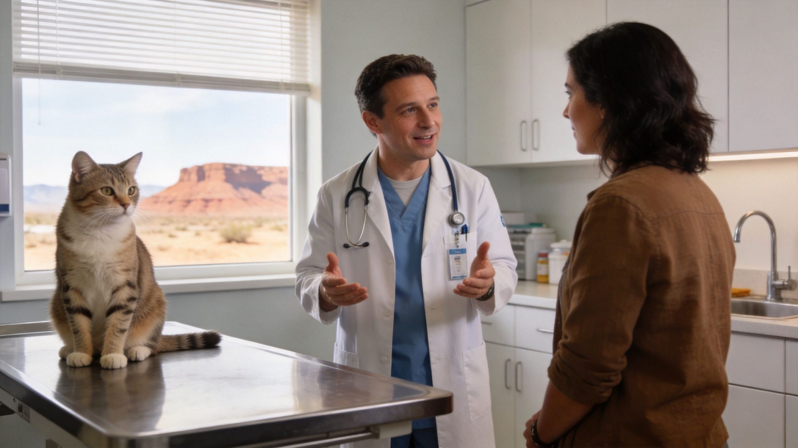 A veterinarian in a white coat talks to a woman with her cat at a clinic.