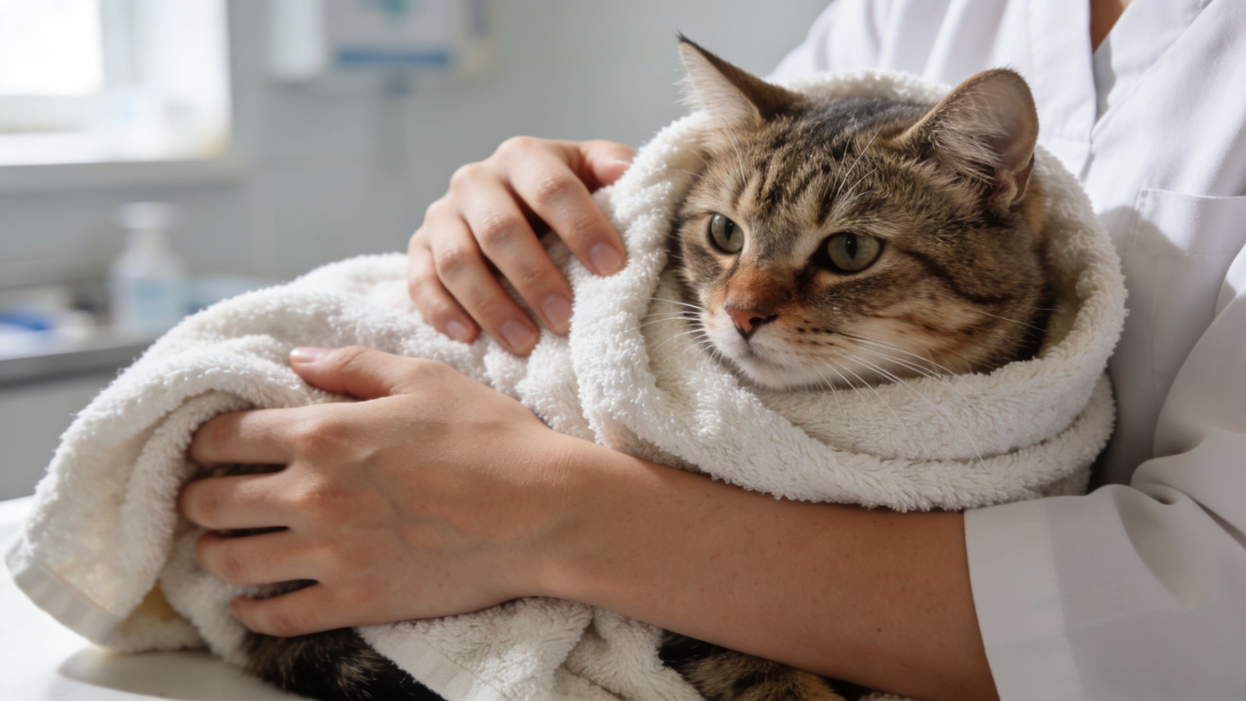 A gentle veterinarian holding a tabby cat wrapped in a soft white towel for comfort.