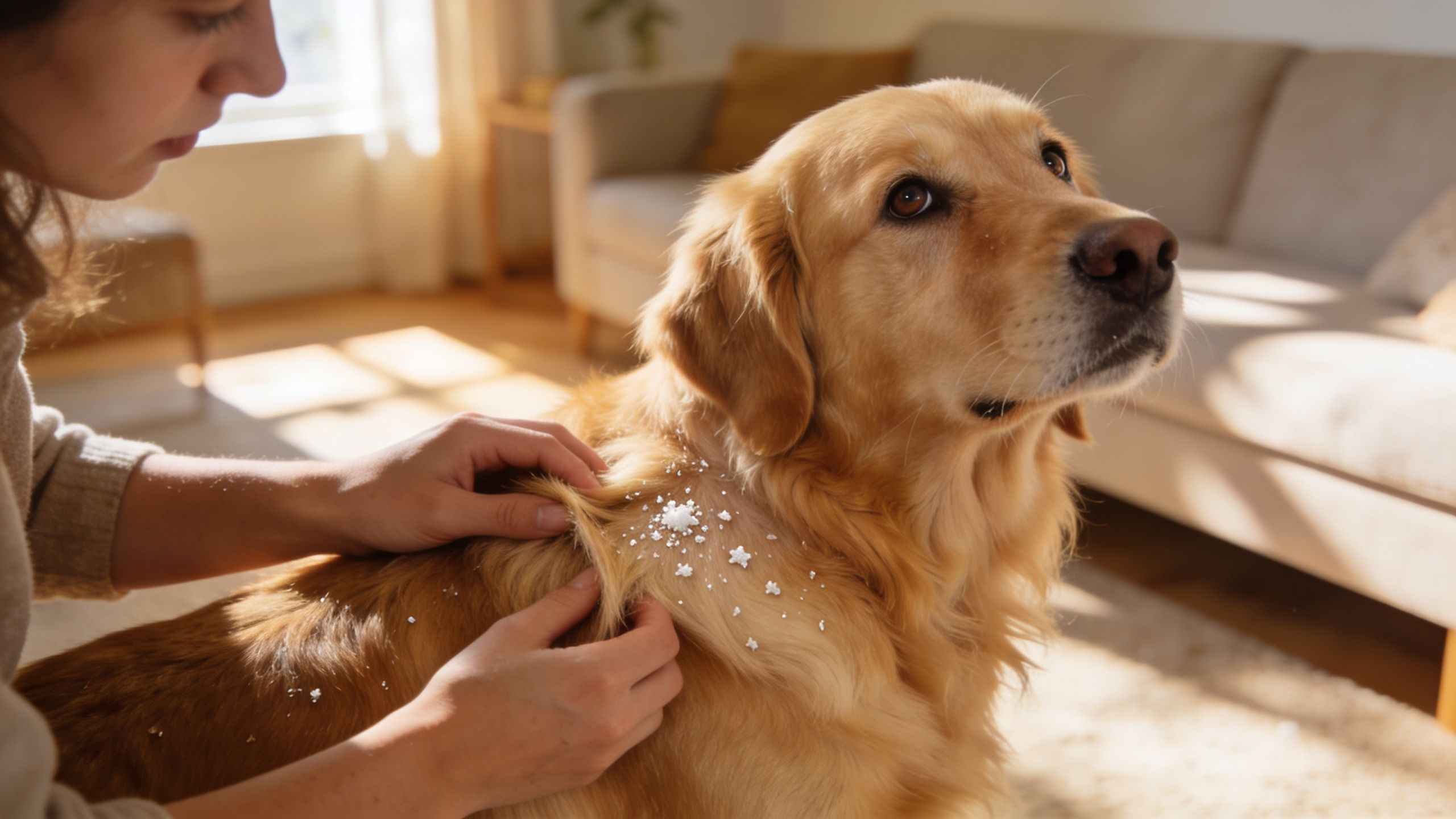 A person checking their golden retriever dog for dandruff or dry skin flakes in a bright room.