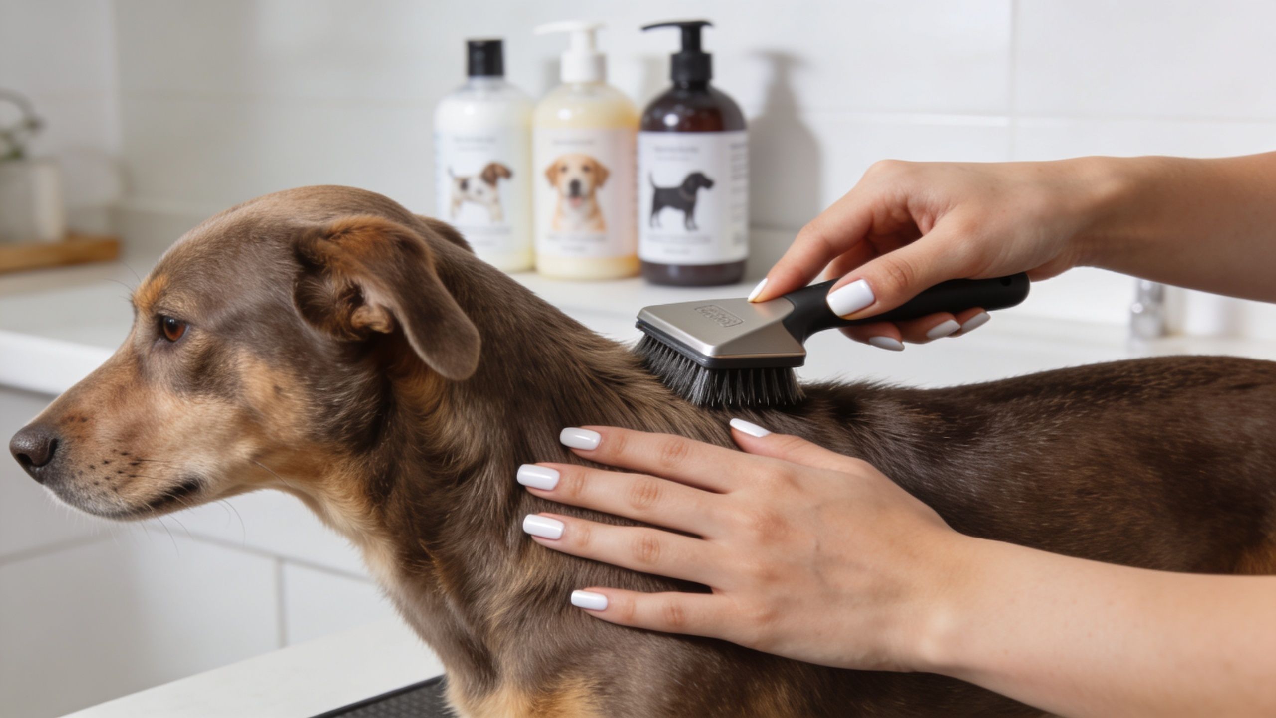 A person gently brushing the brown fur of a dog with a grooming brush in a bathroom.