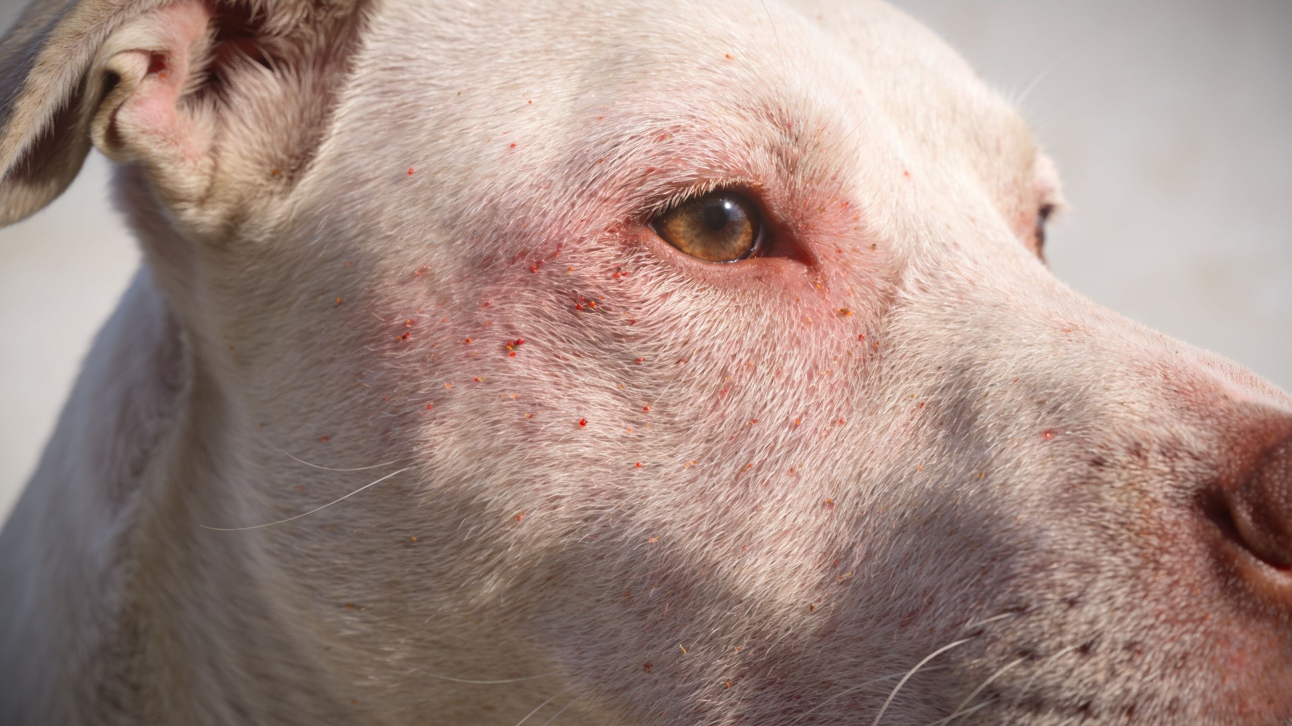 A close-up view of a dog's face showing red spots and skin irritation around the eye