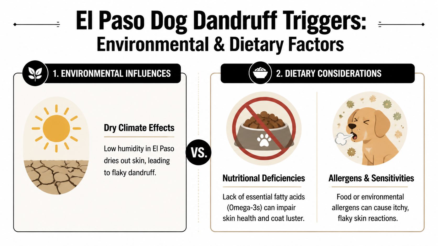 An infographic showing environmental and dietary causes of dandruff in dogs living in dry climates.