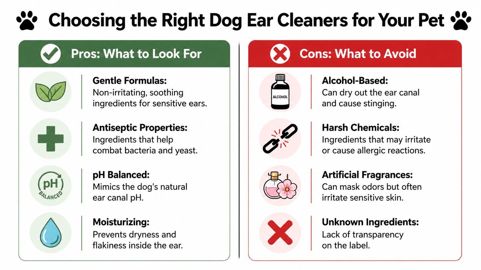 An infographic showing pros and cons to consider when choosing the right dog ear cleaner product.