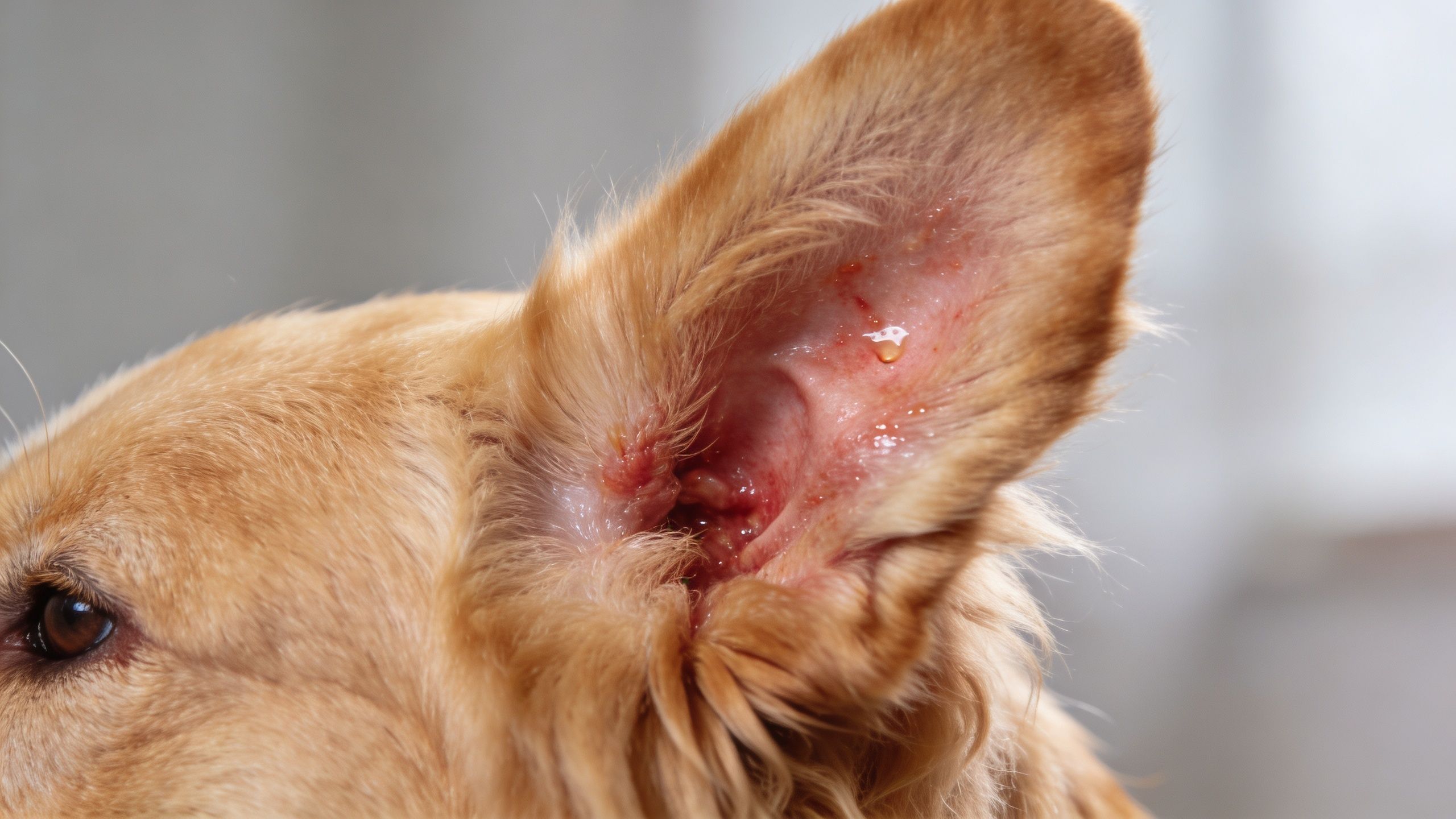 Close-up of a golden retriever dog with an inflamed, red, and irritated ear requiring veterinary care.
