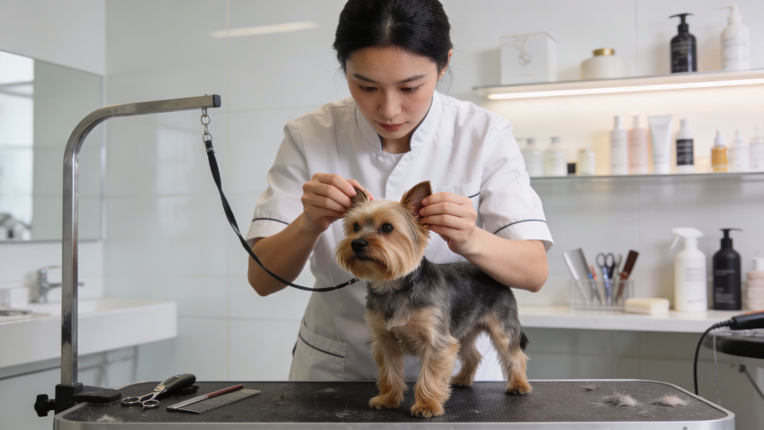 A professional pet groomer carefully cleaning the ears of a small Yorkshire Terrier on a grooming table.