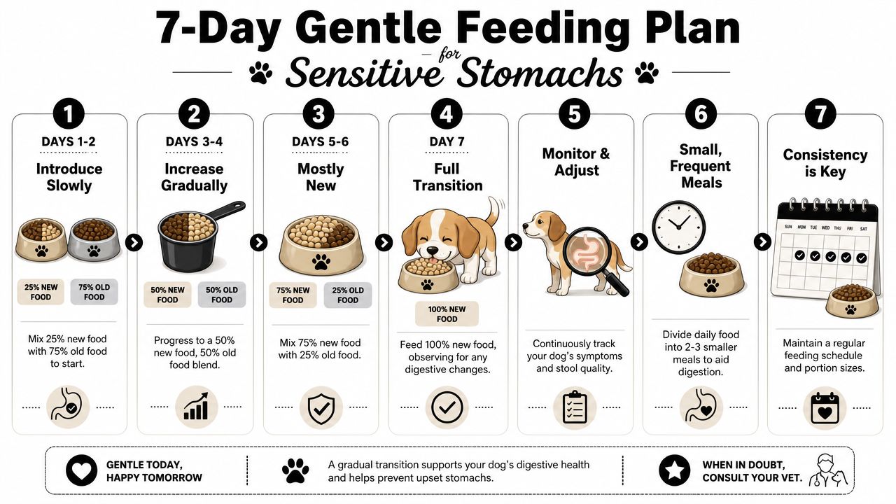 A 7-day gentle dog food transition guide infographic for dogs with sensitive stomachs and digestive health.