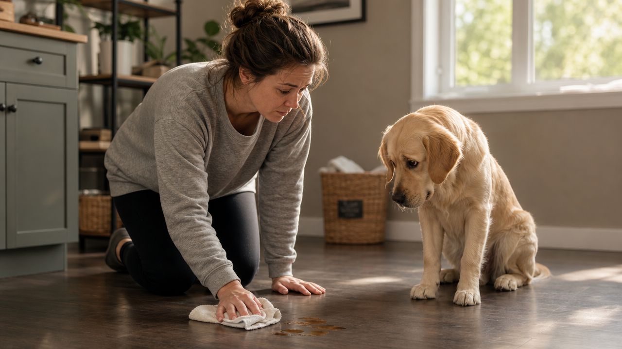 A woman kneeling on the floor cleaning a mess while her guilty-looking dog watches closely