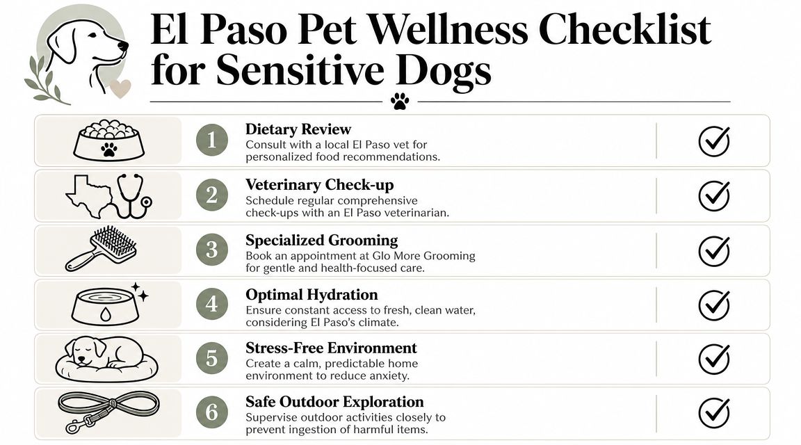 A six-point pet wellness checklist for sensitive dogs located in El Paso, featuring icons and checkmarks.