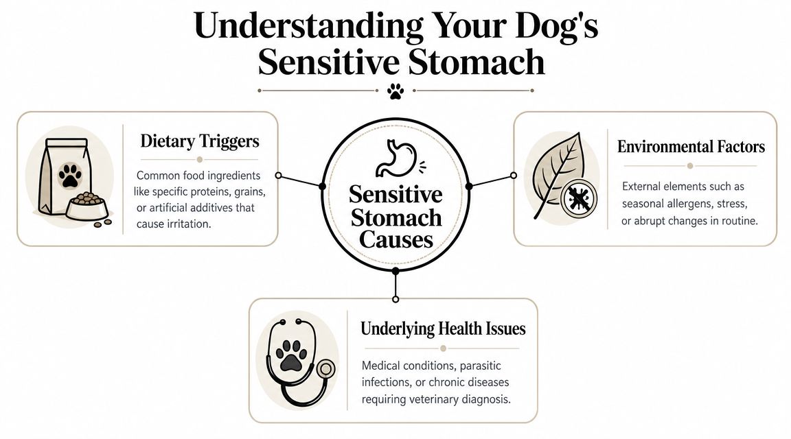 An infographic titled Understanding Your Dog's Sensitive Stomach, showing three main causes: dietary triggers, environmental factors, and health issues.